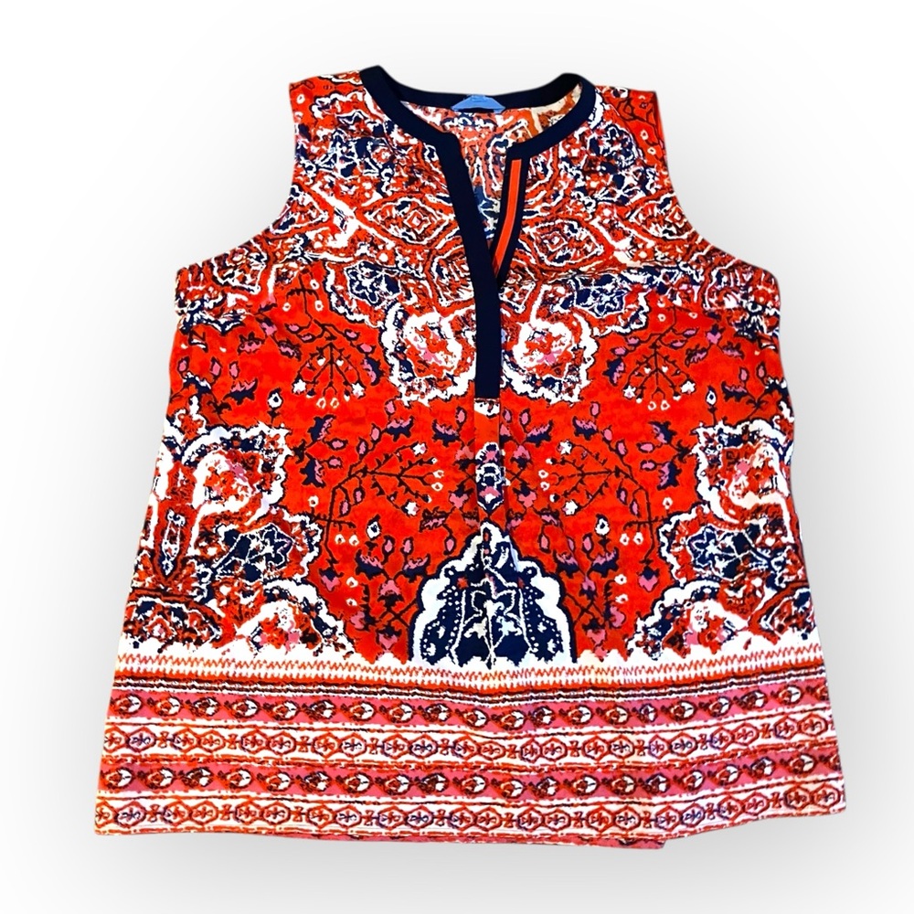 Fleur‎ Bleue Orange Boho Print Sleeveless Blouse Size Large Split Neck Top